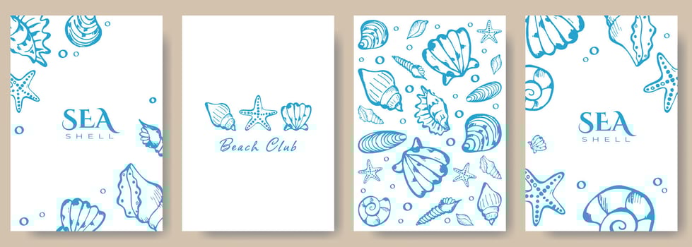 Modern Cute Sea Banner, Poster or Background with Doodle Hand Drawn Marine Sea Shell. Trendy Elegant Seashell Wedding Birthday Invitation Greeting Card Template. Design Concept Sketch Style. vector