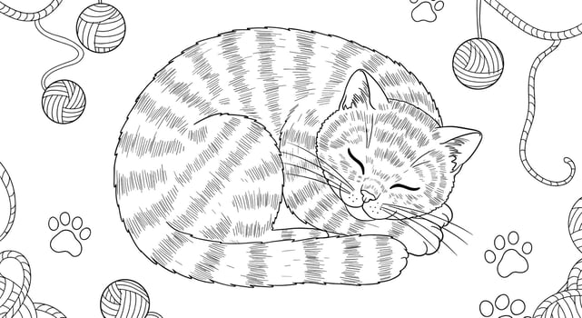 A coloring page with a cat curled up vector