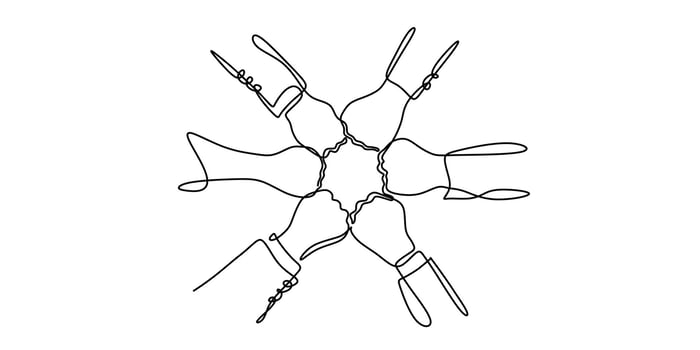 One line drawing of people unite their hands to form shape vector