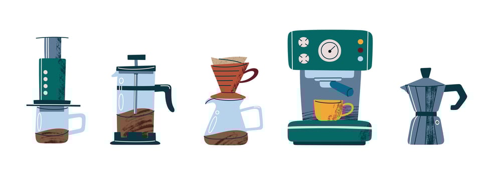 Vintage illustrations of coffee brewing tools for home and icoffee shops use. Pour over, espresso machine, moka pot, french press, aeropress, retro textures, barista equipment icons vector