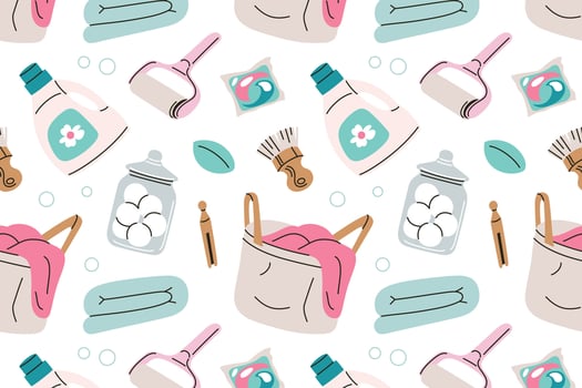seamless pattern on laundry and clothing care theme. Basket with laundry, detergent gel, capsules, washing balls, brush, lint roller, flat cartoon illustration for household, cleaning, chores vector