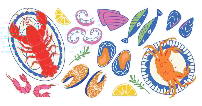 Seafood cartoon illustration set. Crab, lobster, fish, octopus. Mediterranean food. vector