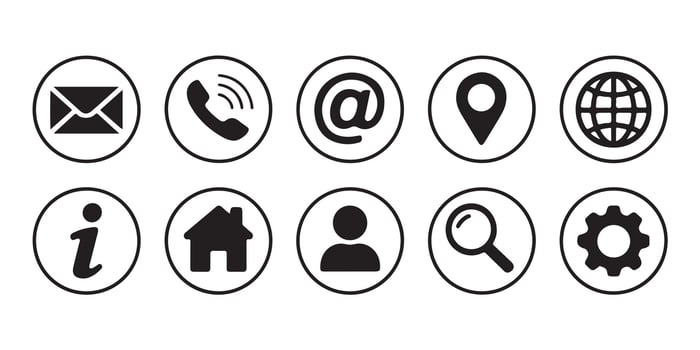 Ten Black and White Circular Contact Icons Set vector