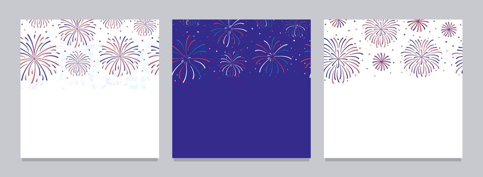 Fireworks explosions posters set with copy space. Festive empty social media posts for usa independence day. American national celebration 4th July, Labor or Memorial day blue red stars, sparkle. vector