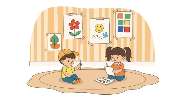 Two children sitting on the floor with paper and paint vector