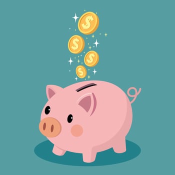 Illustration of a cute pink piggy bank. Gold coins with dollar symbol are falling into the piggy bank vector