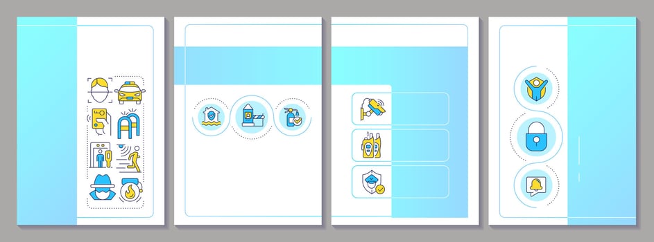 Physical security blue brochure layout. Safeguarding people, property and data tools. Leaflet advertising design with color line icons. Editable 4 pages vector