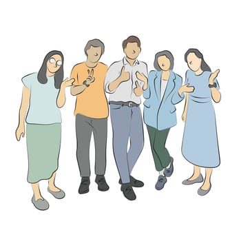five people standing together illustration hand drawn with black lines isolated on white background. vector