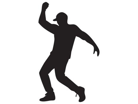 Black silhouette of dancing man in energetic pose, isolated on white background, graphic illustration. concept of movement, dance, performer, art, design element vector