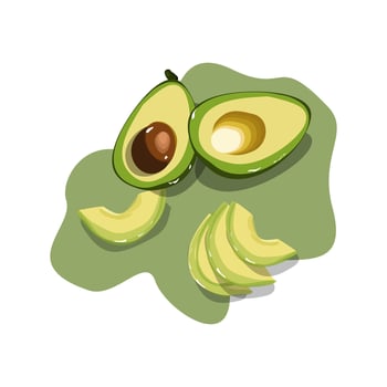 Avocado set background. Bright green whole fruit , half, slice, with bone. Products for healthy diet. vector