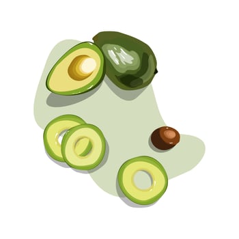 Avocado set background. Bright green whole fruit , half,slice, with bone. Products for healthy diet. vector