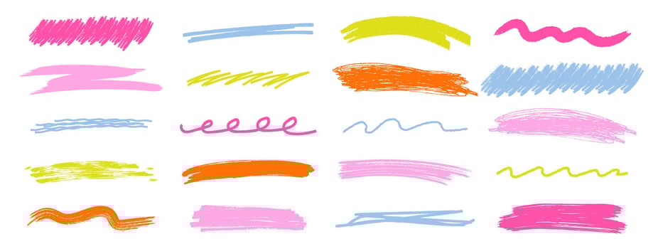 Colorful chalk underline and scrawl stroke set. Hand drawn pastel brush lines, wavy and curly underlines, crayon highlight elements. illustration on white background vector