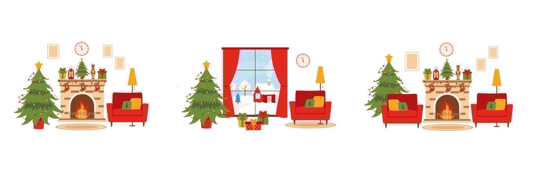 Christmas interior set. Living room with window, fireplace, christmas tree and armchair. Christmas festive atmosphere. vector