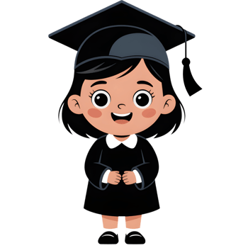 Cute cartoon illustration of a little girl in a black graduation cap and gown png