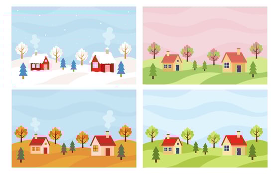 Season landscape set. Four season scenery with village. Backgrounds with winter, spring, summer and autumn season. vector
