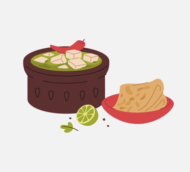 Palak Paneer with Parotta and Lime Illustration vector