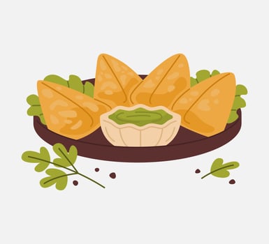 Indian Samosa Platter with Green Chutney Illustration vector