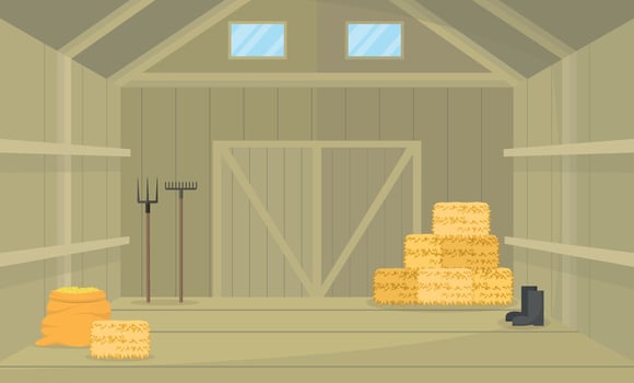 Interior of a barn with hay, a sack of grain, tools and boots. Building for storing goods. vector