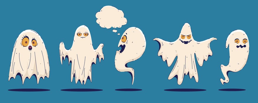 Halloween Set of Cute Ghosts in Hand Drawn Style isolated on Blue Background. Spooky cartoon character. Ghost icon. Playful night spirit with decorations. perfect for cards, patterns, print, web vector