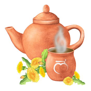 Watercolor Terracotta clay teapot and cup with Sanskrit letters with hot herbal infusion or tea and dandelion flowers and leaves. Muladhara root chakra symbol. Hand-drawn illustration png