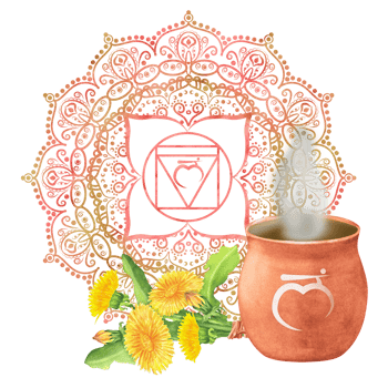 Watercolor Terracotta clay pot with hot herbal infusion or tea on and dandelion flowers and leaves. Golden red root chakra Muladhara with mandala. Hand-drawn illustration png