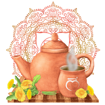Watercolor Terracotta clay teapot and cup with hot herbal infusion or tea and dandelion flowers and leaves on wooden tray. Golden red root chakra Muladhara with mandala. Hand-drawn illustration png