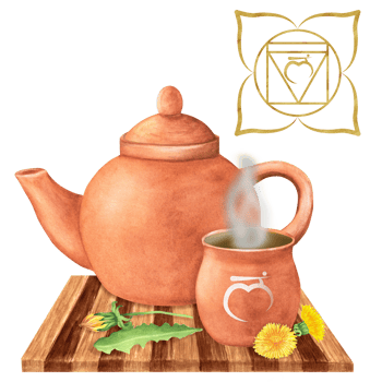 Watercolor Terracotta clay teapot and cup with hot herbal infusion or tea and dandelion flowers and leaves on wooden tray. Golden symbol of root chakra. Hand-drawn illustration png