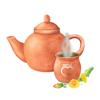 Watercolor Terracotta clay teapot and cup with Sanskrit letters of Root chakra and hot herbal infusion or tea in it. Dandelion flowers and leaves. Hand-drawn illustration png