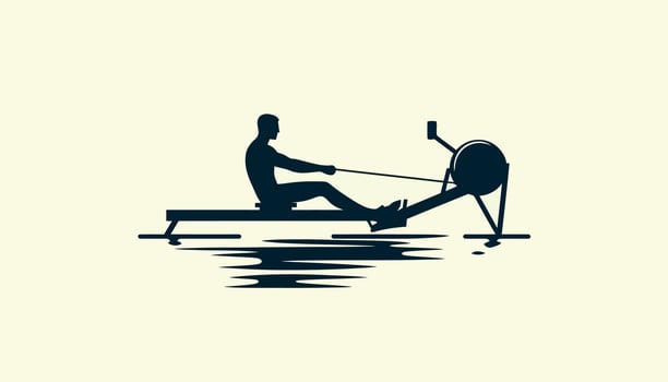 a silhouette of a man rowing on a gym vector