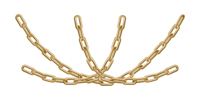 Chain wrapped around, 3d website link. Golden heavy fetters. Weak or strong jewelry rings. Metal luxury prison jail hanging or straight border for blocked content. Secret item, high risk closed door vector
