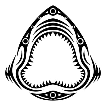 Tribal shark jaw illustration aggressive stylized teeth, symmetrical black and white marine animal design, aquatic predator vector