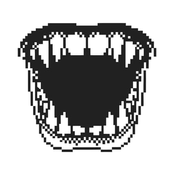 Open mouth with teeth, wide jaw, pixel art black and white retro digital illustration, minimal design concept vector