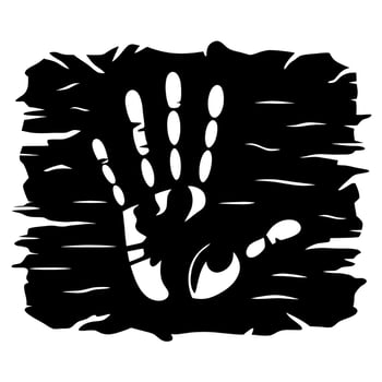 Grunge handprint silhouette with torn rough edges black and white textured palm mark, distressed artistic symbol vector