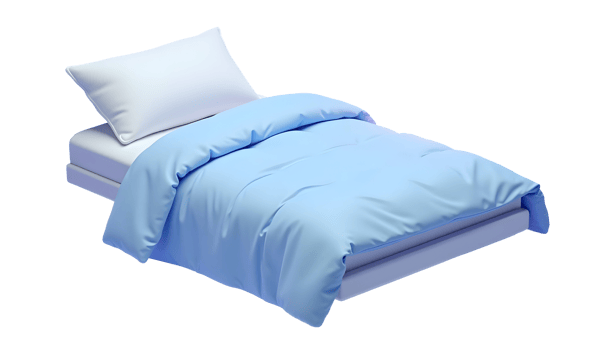 Clean made bed with blue comforter and white pillow ready for peaceful sleep png