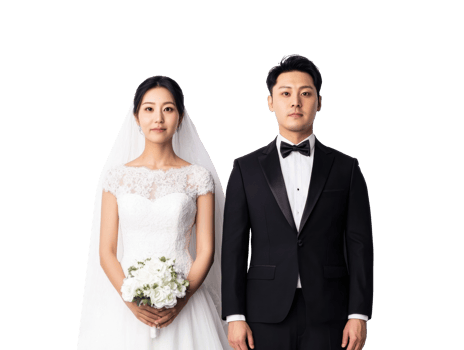 Elegant couple in wedding attire with bouquet for celebration png