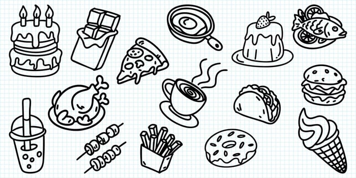Hand Drawn Doodle Food Icons Collection. Fast Food, Desserts, and Beverages vector