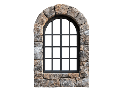 Rustic arched stone window design for historical architecture png