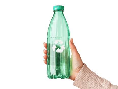 Hand holding a green bottle with recycling symbol png