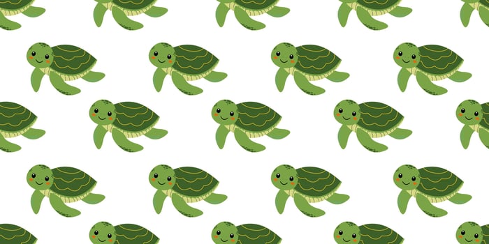 Cute green sea turtles swim against a white backdrop, resembling a playful underwater pattern in a sunny coastal setting vector