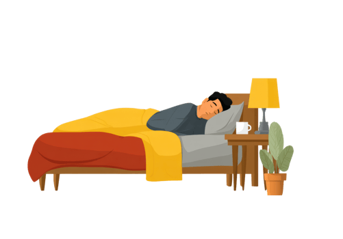 Cozy bed setting with a sleeping man and indoor plants for relaxation png