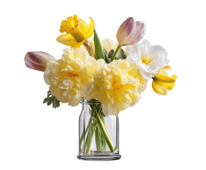 Bright spring flowers in a glass vase for cheerful decor png
