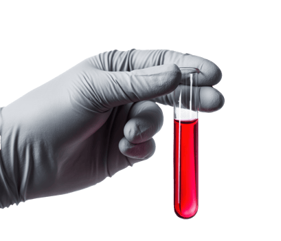 Laboratory hand holding a test tube filled with red liquid png