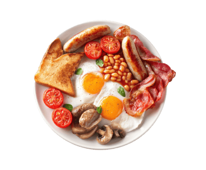 Delicious English breakfast featuring eggs, bacon, sausages, and beans png