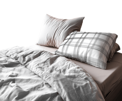Cozy bedroom with soft bedding and decorative pillows for relaxation png