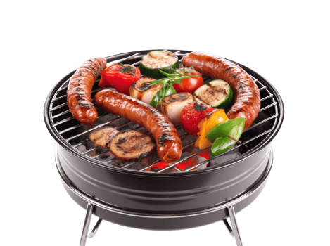 Grilling sausages and vegetables for a summer barbecue gathering png