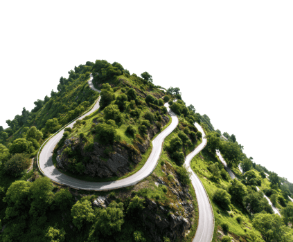Scenic mountain road winding through lush greenery for travel png