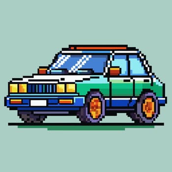 Pixel Art Vintage Car Retro Green White Sedan with Orange Wheels on Light Green Background vector