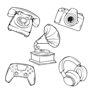 Hand drawn retro telephone, camera, headphones and gamepad. illustration. vector