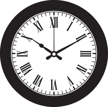 Classic black and white round wall clock with roman numerals vector