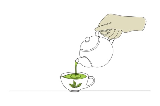 Hand-drawn matcha tea line art drawing. Hand pouring matcha tea linear icon vector